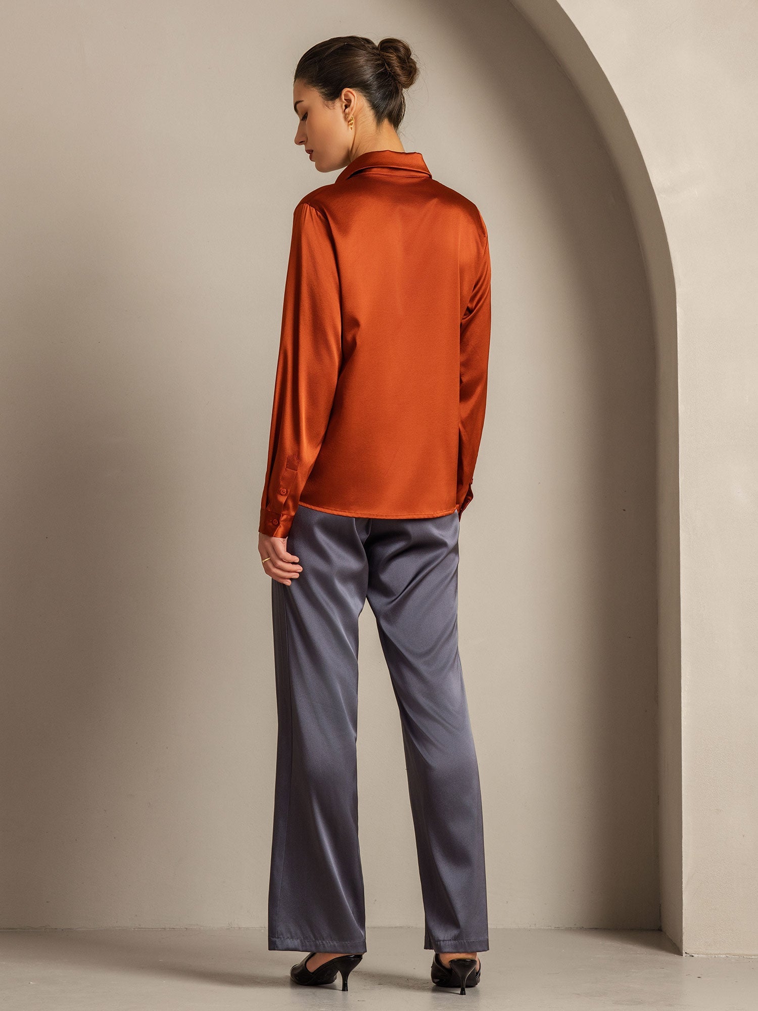 [Karamell] SilkSilky-DE 19Momme Seide Langärmelig Umlegekragen Damenhemd 010