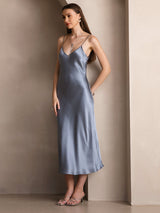 [Graublau] SilkSilky-DE Sleeveless V Neck Kleider 006