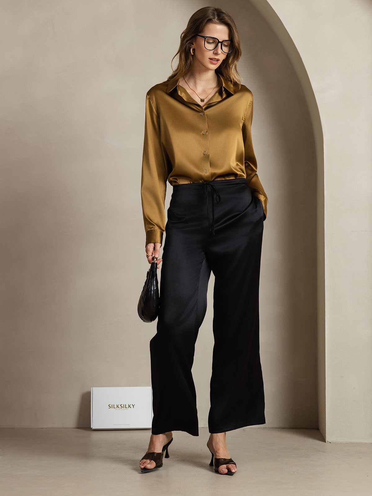 [Bronze] SilkSilky-DE Seide Umlegekragen Damenhemd 007,