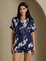 [Marineblauer Gepard] SilkSilky-DE Short Sleeve Notch Collar Damen Pyjamas 004