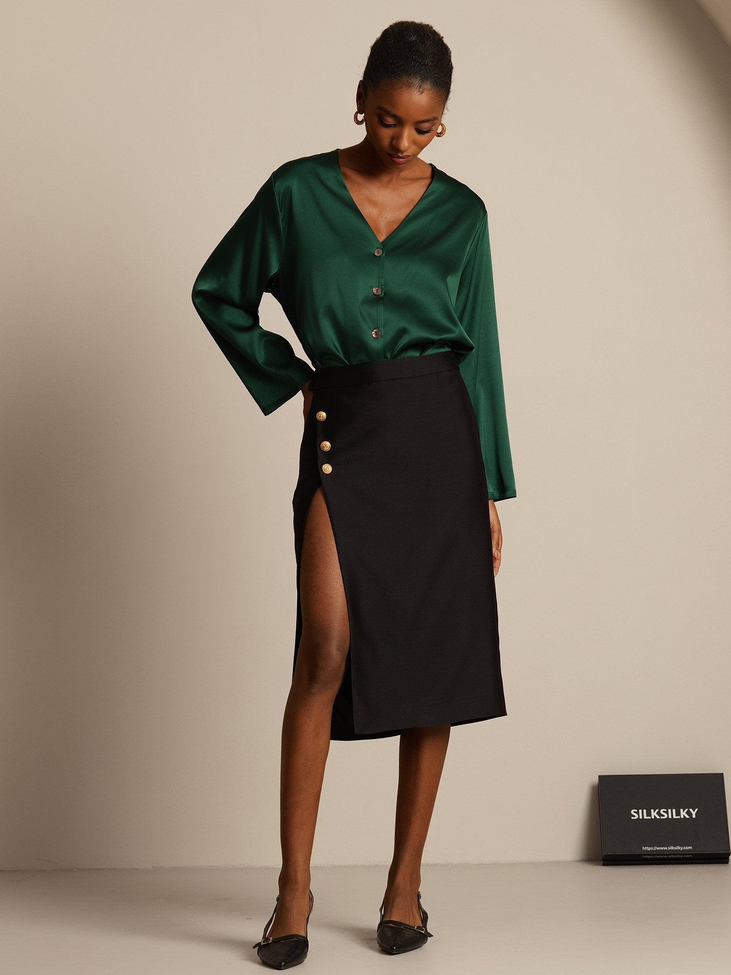 [Schwarz] SilkSilky-DE 32Momme Silk-Wool Blend Skirt 008,