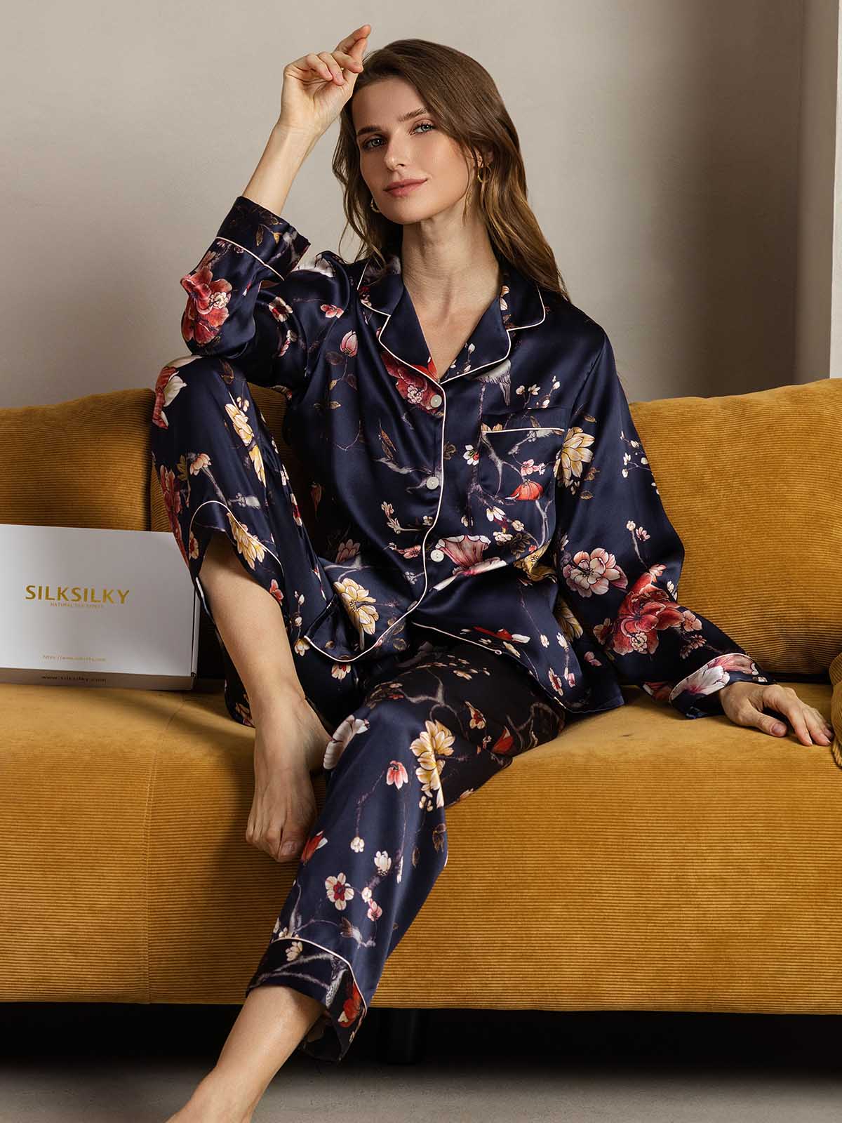 [Marine Blumen] SilkSilky-DE Reine Seide Womens Pajamas 003,