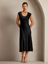[Schwarz] SilkSilky-DE Cap Sleeve Tiefer Rundhalsausschnitt Kleider 001