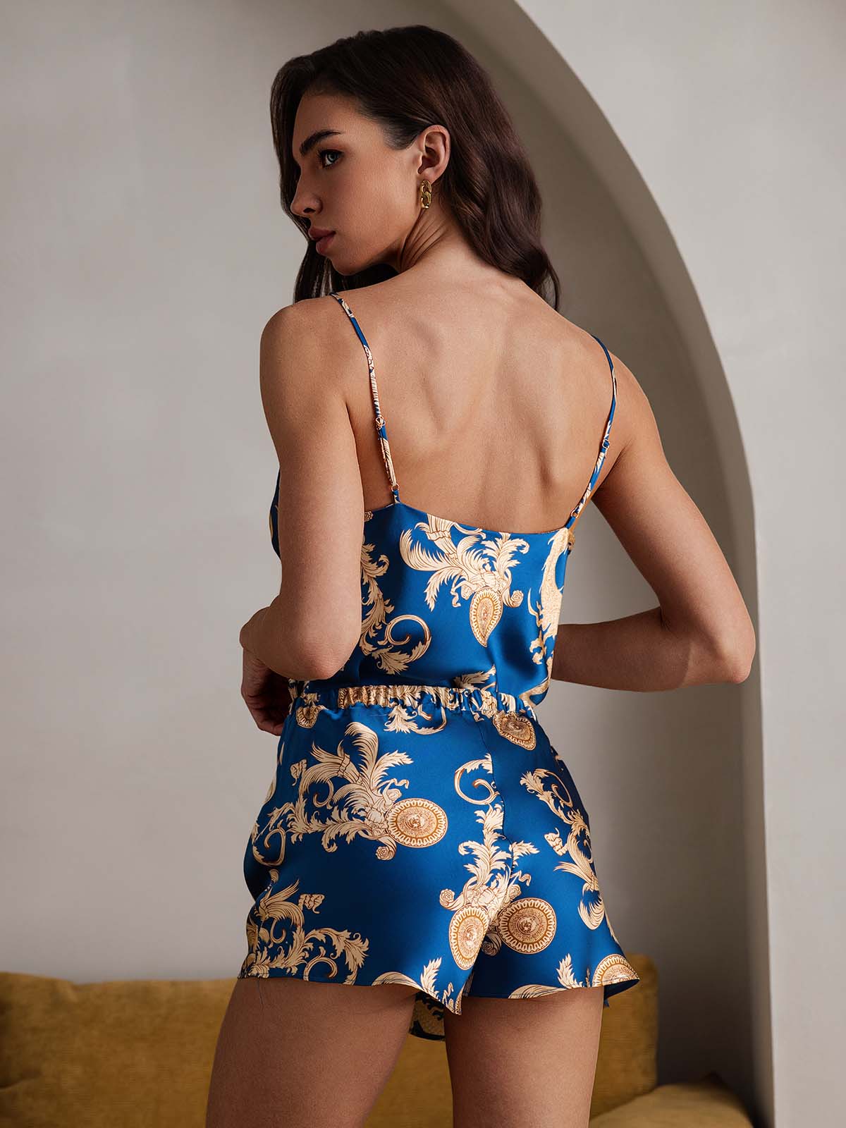 [Blau] SilkSilky-DE Reine Seide V Ausschnitt Camisole-Set 002