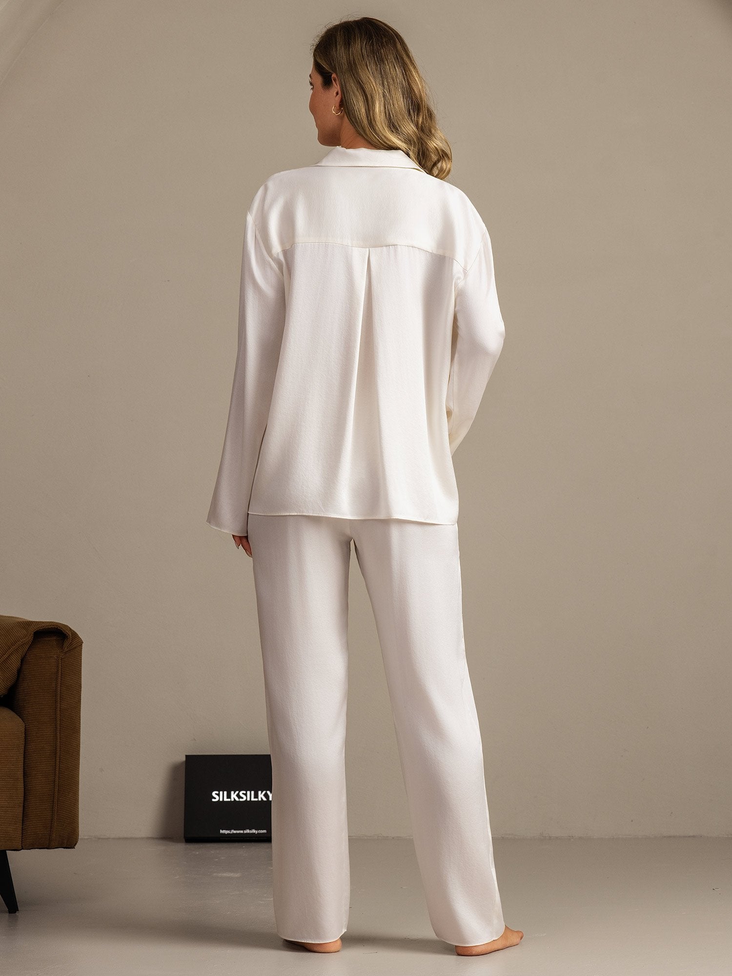 [Weiß] SilkSilky-DE 19Momme Langärmelig Notch-Kragen Damen Pyjamas 002