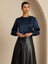 [Dunkelblau] SilkSilky-DE 19Momme Long Sleeve Round Neck Bluse 004