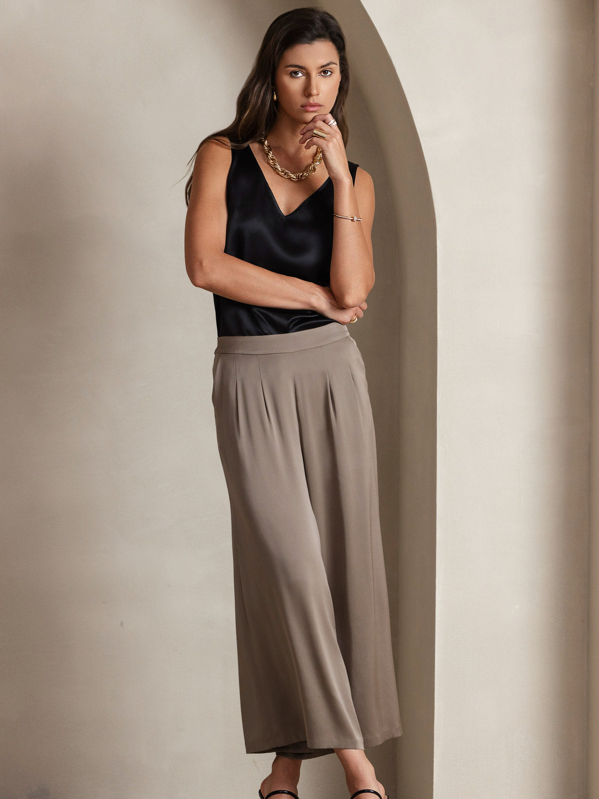 [Schwarz] SilkSilky-DE 19Momme Seide V Ausschnitt Cami Top 005