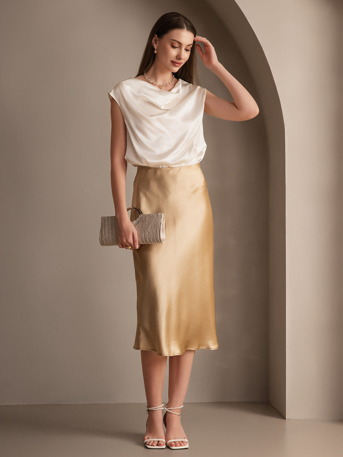 [Champagner] SilkSilky-DE 19Momme Reine Seide Skirt 006,