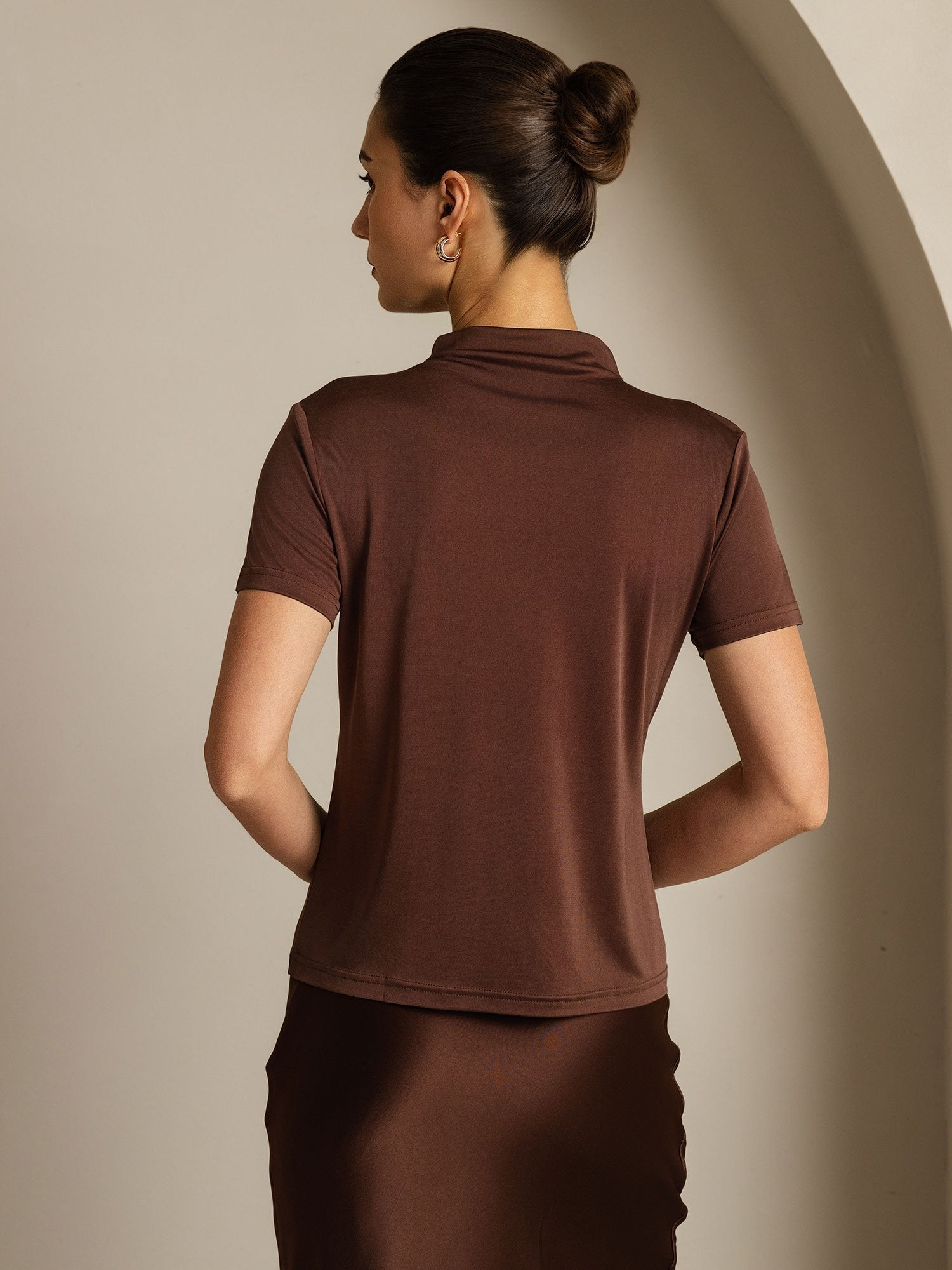 [Kaffee] SilkSilky-DE Reine Seide Umlegekragen T-Shirt 002
