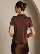 [Kaffee] SilkSilky-DE 100% Silk Jersey Short Sleeve Mock Neck T-Shirt 002