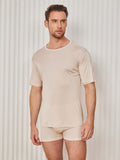 SilkSilky-DE Seidenstrick Kurzärmelig Rundkragen Herren T-Shirt Beige 001