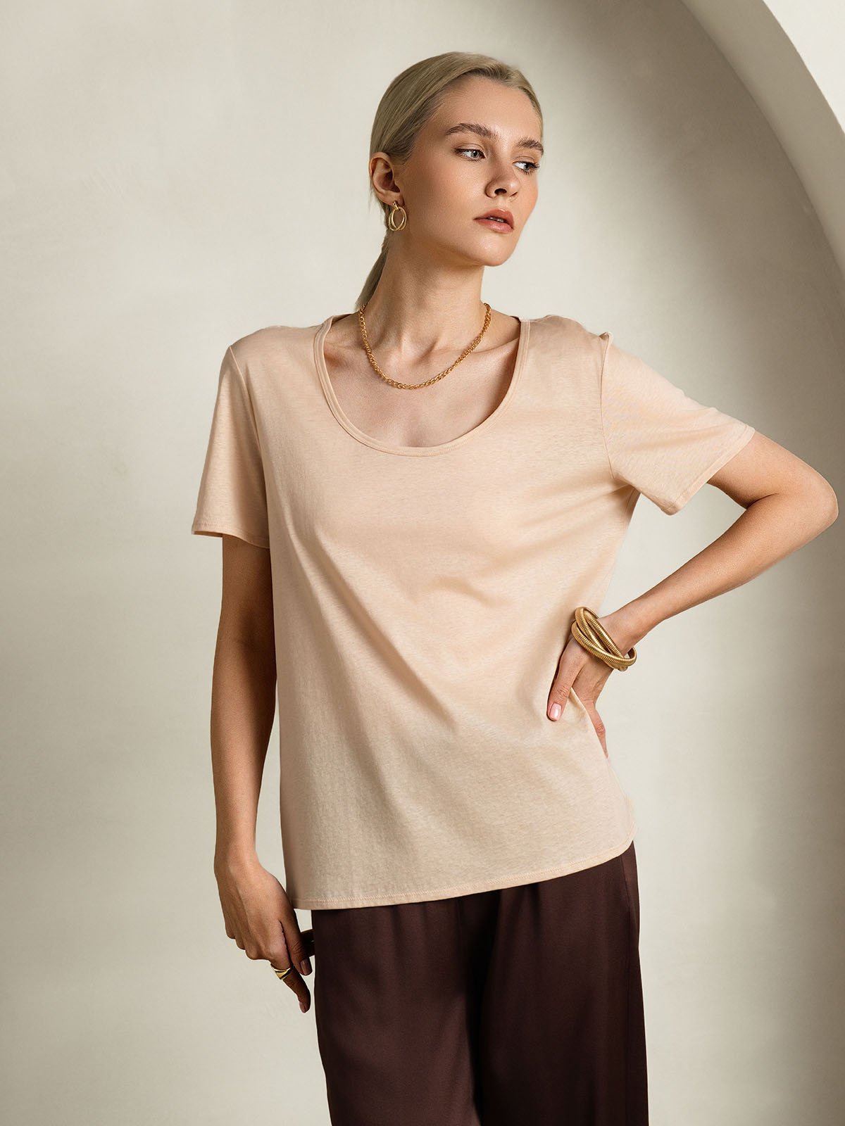 SilkSilky-DE Seide Kurzärmelig U Ausschnitt T-Shirt Beige 004