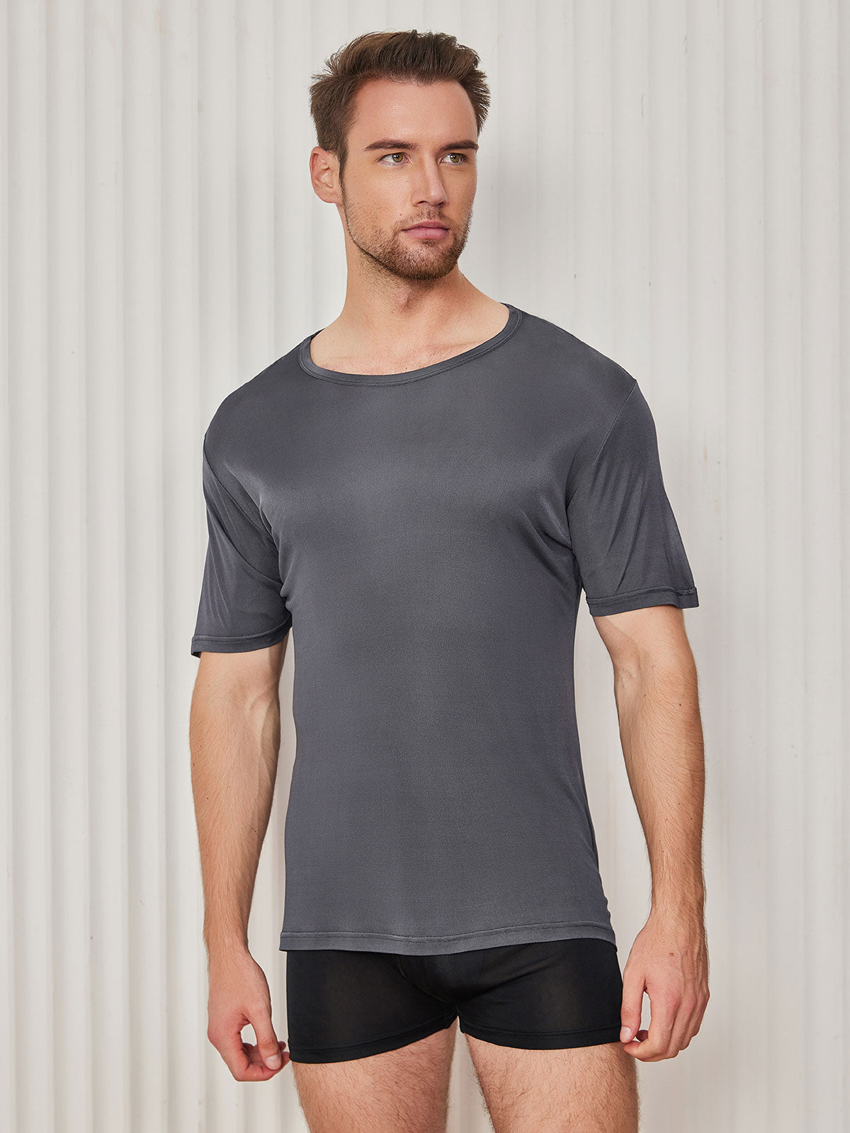 [Dunkelgrau] SilkSilky-DE Seidenstrick Kurzärmelig Rundkragen Herren T-Shirt 004