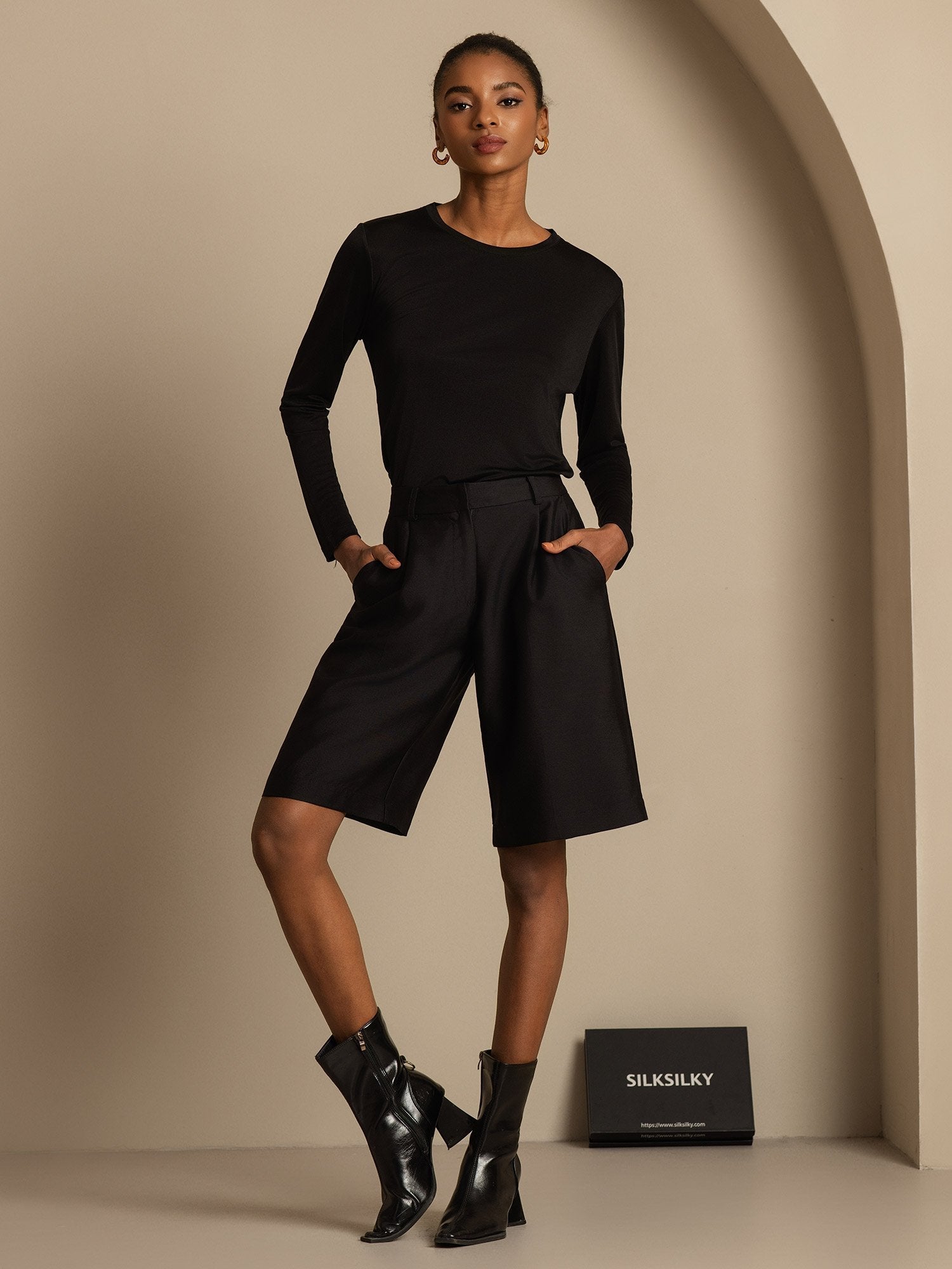 [Schwarz] SilkSilky-DE 32Momme Silk-Wool Blend Womens Shorts 005,