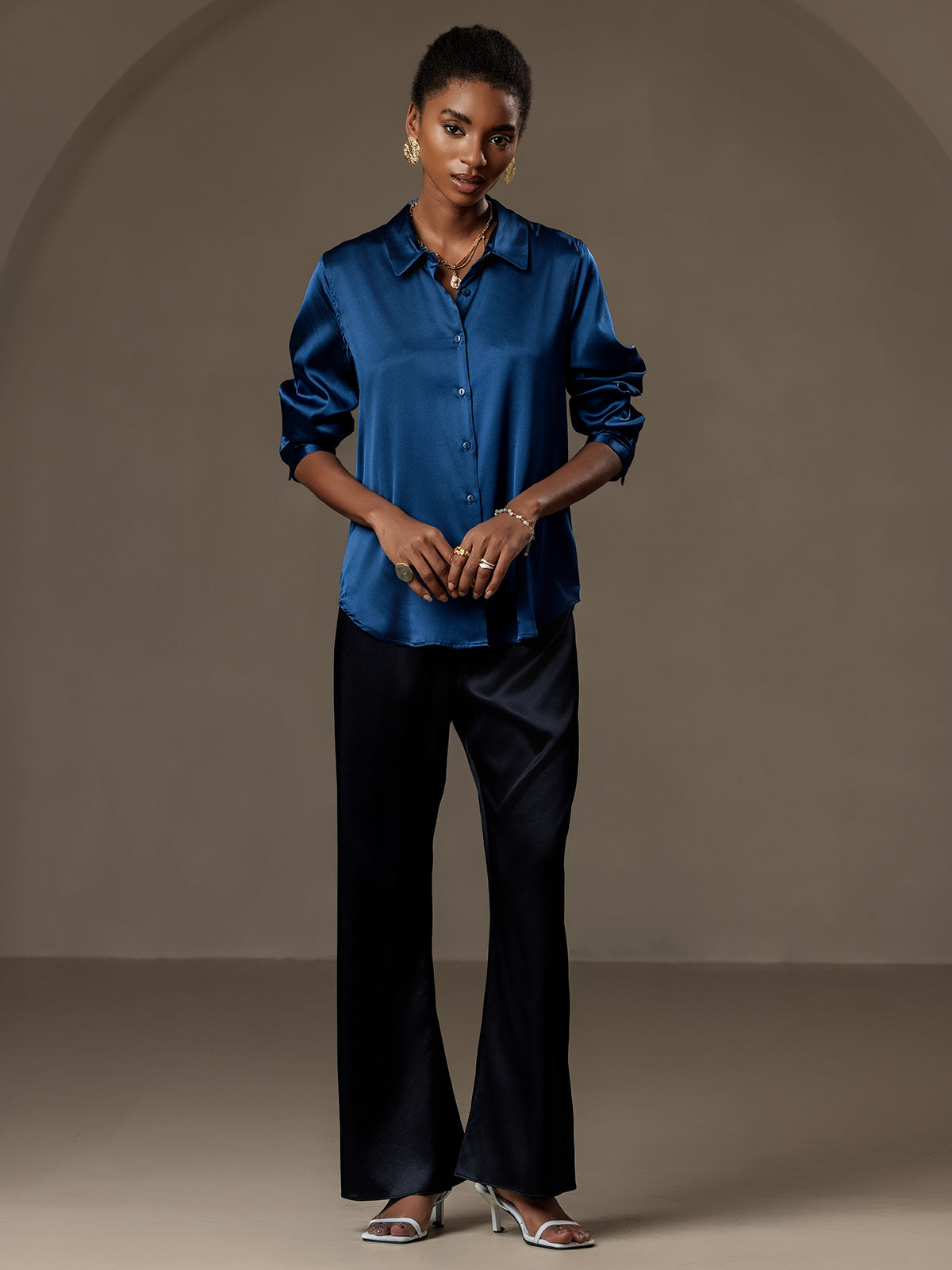 [König Blau] SilkSilky-DE Seide Langärmelig Umlegekragen Damenhemd 005