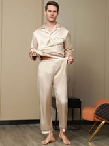 [Tan] SilkSilky-DE Reine Seide Langärmelig Revers Herren Pyjamas 010