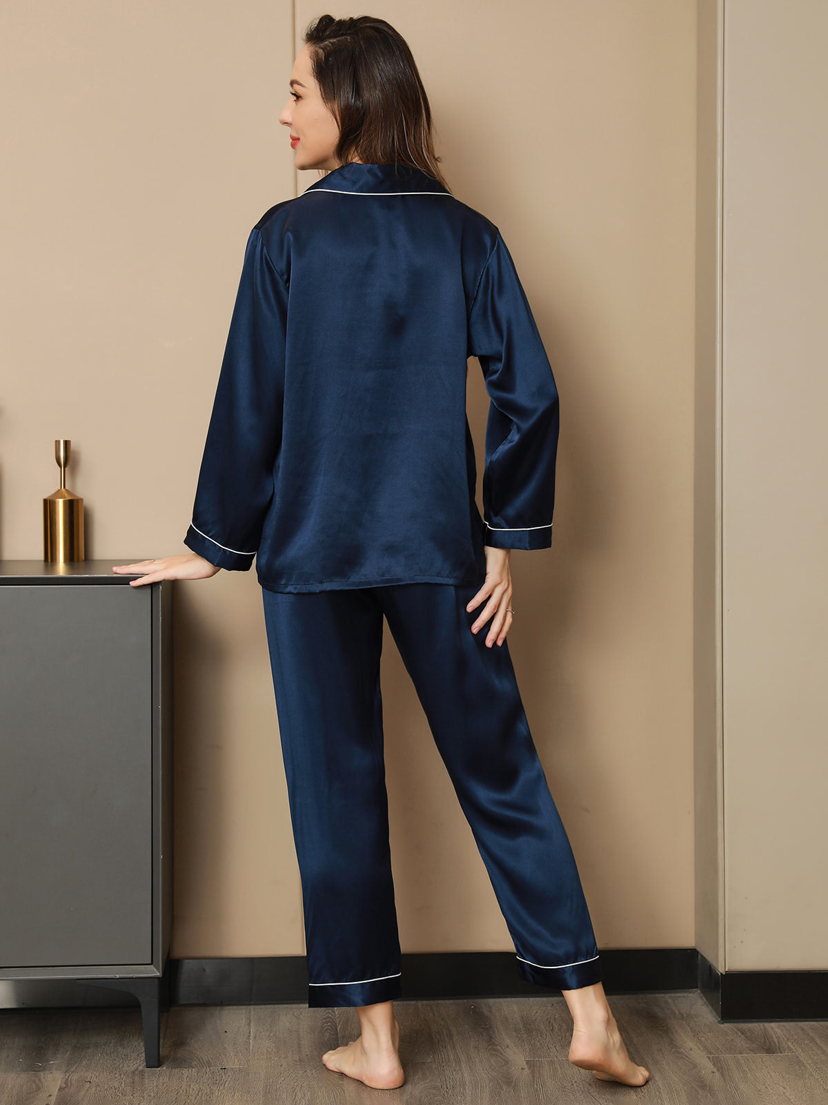 [Dunkelblau] SilkSilky-DE Reine Seide Womens Pajamas 003