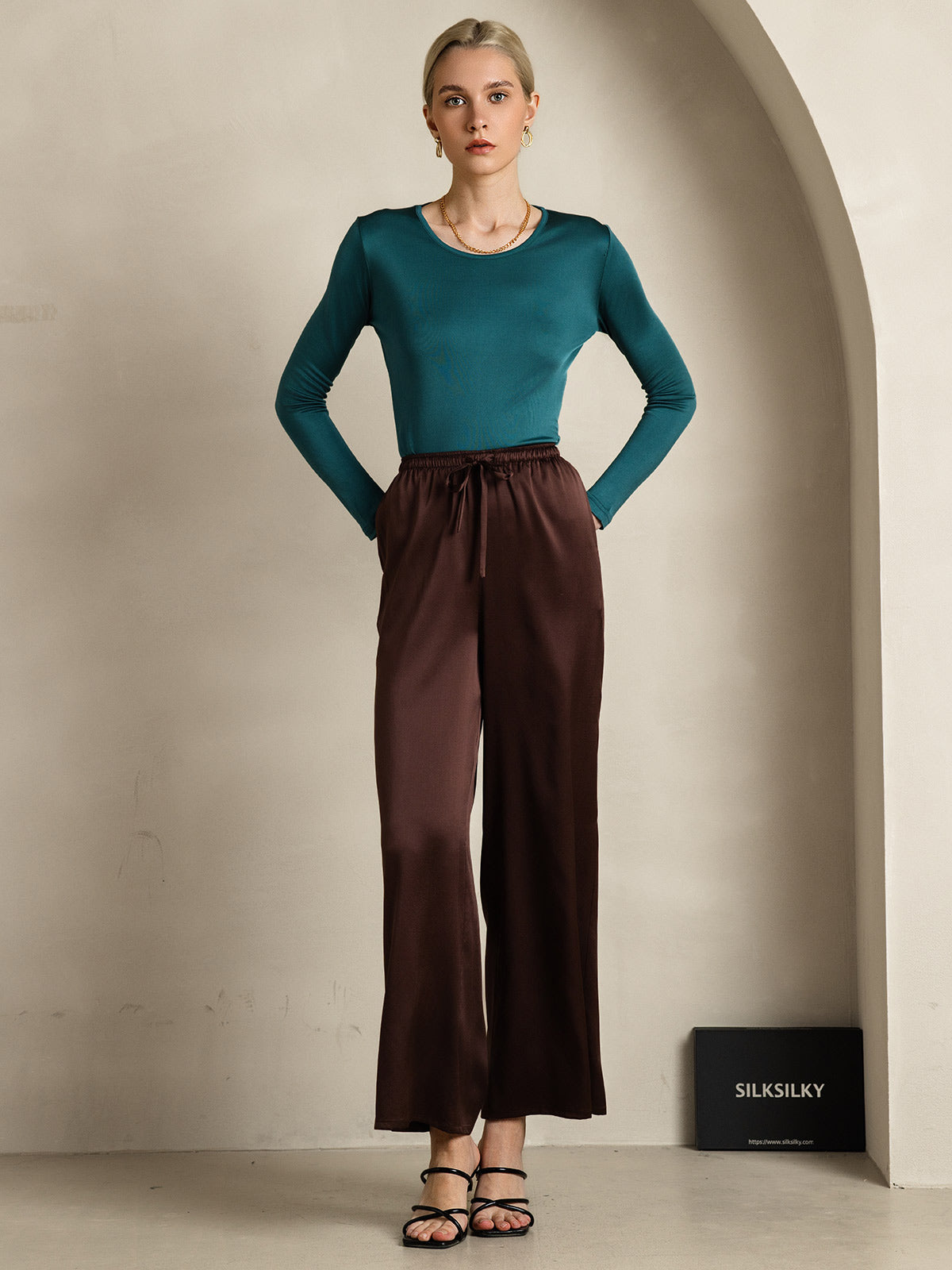 [Kaffee] SilkSilky-DE Reine Seide Womens Pants 007