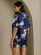 [Marineblauer Gepard] SilkSilky-DE Short Sleeve Notch Collar Damen Pyjamas 002