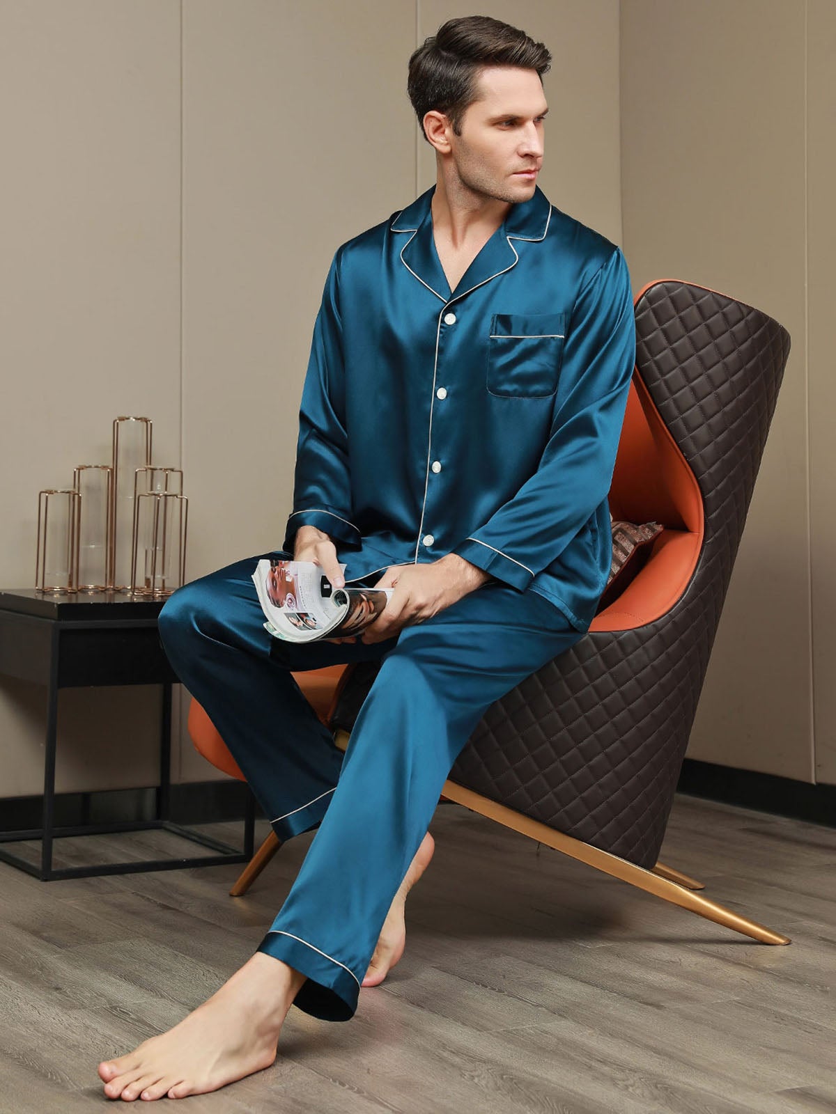 [König Blau] SilkSilky-DE 19Momme Reine Seide Mens Pajamas 007