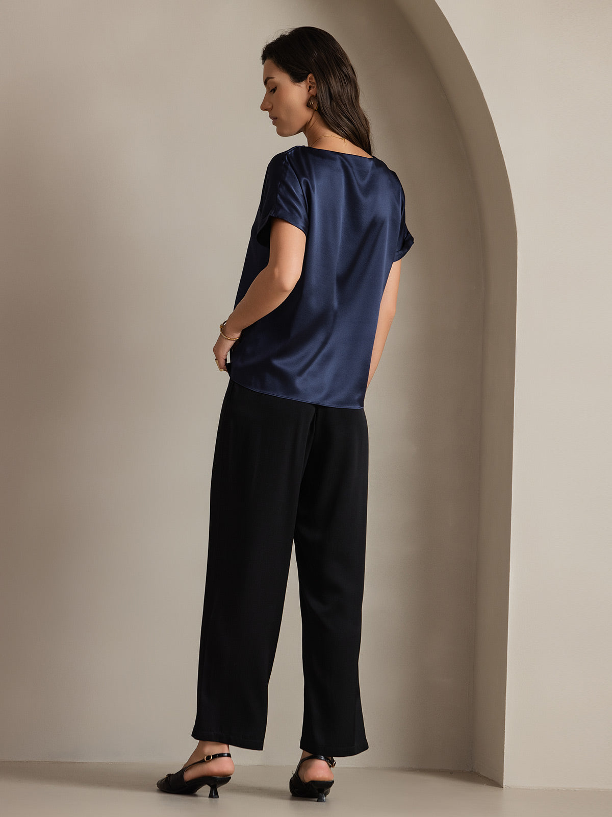 [Dunkelblau] SilkSilky-DE 19Momme Seide Womens T-Shirt 002