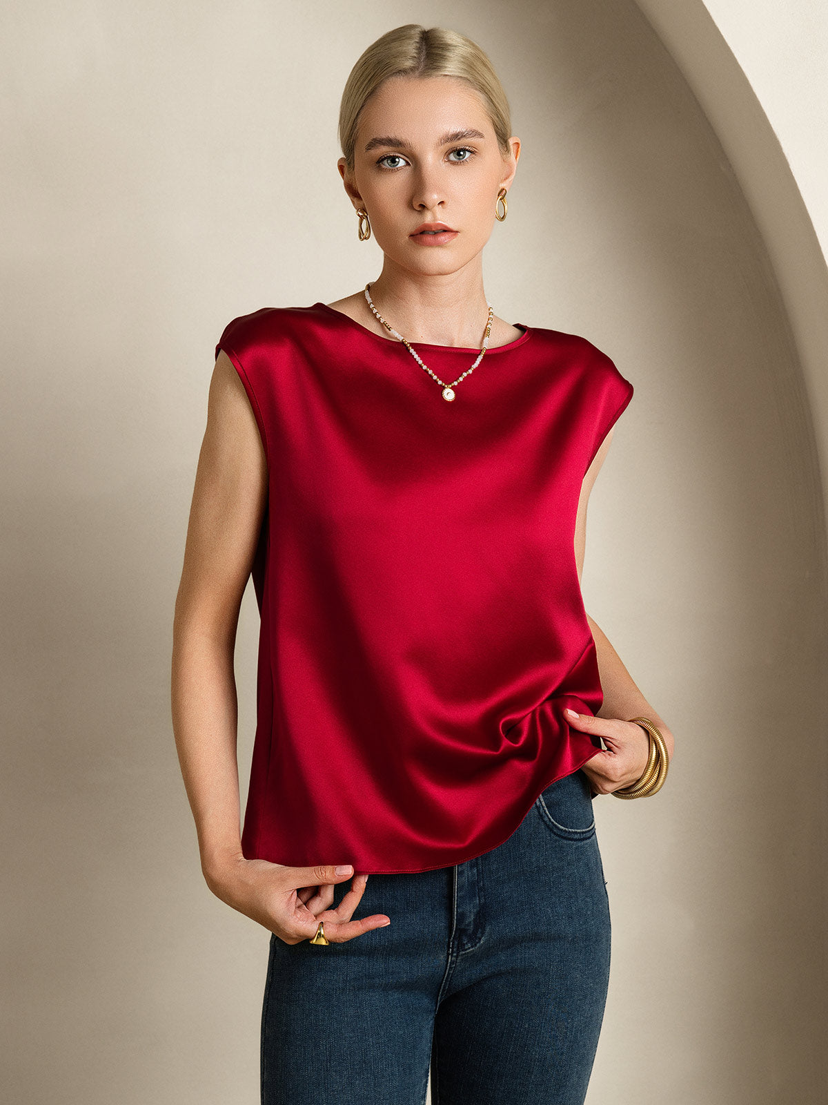 [Rotwein] SilkSilky-DE 19Momme Seide Womens T-Shirt 005