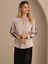 [Tan] SilkSilky-DE Long Sleeve Keyhole Neck Damenblusen 003