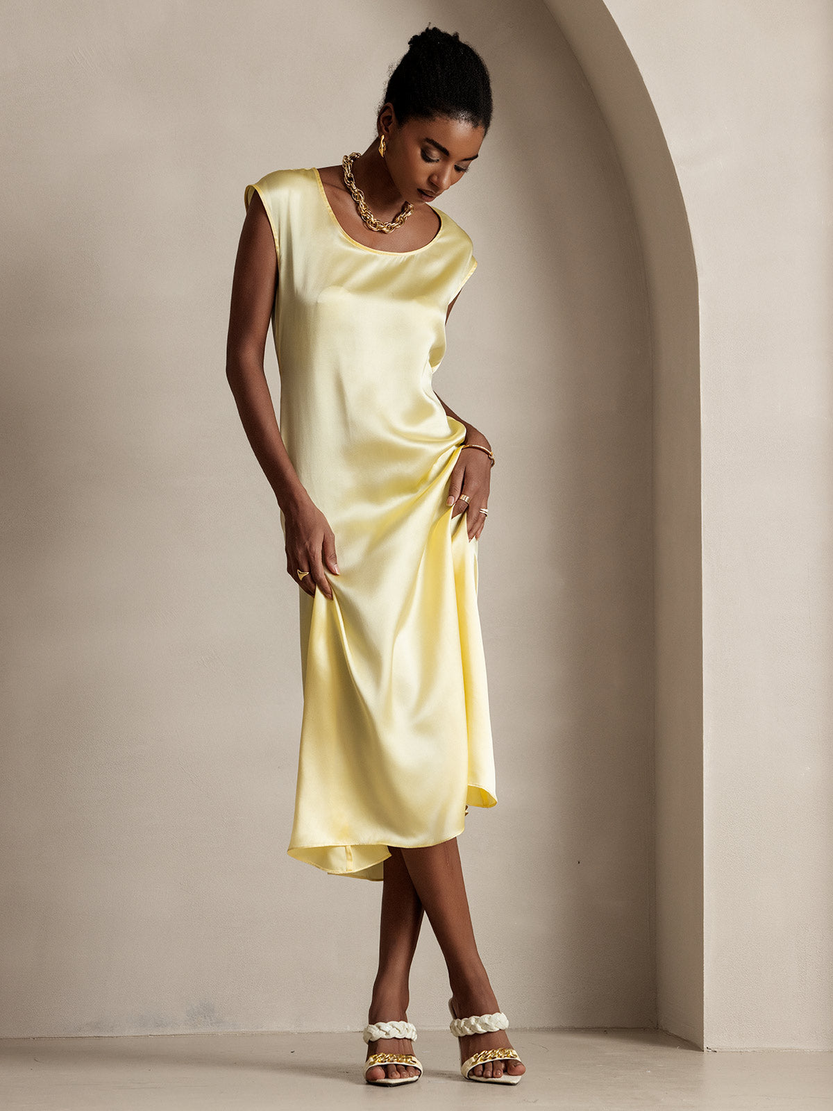 [Hellgelb] SilkSilky-DE 19Momme Seide Dress 005