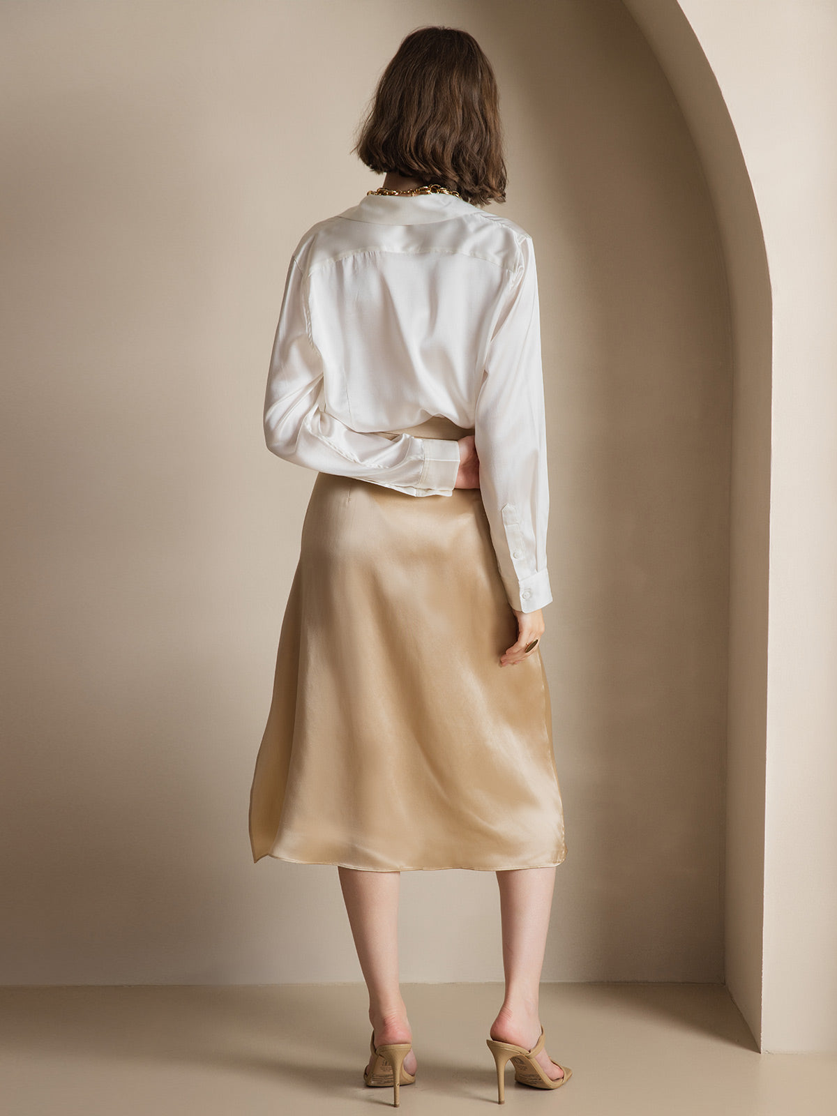 [Weiß] SilkSilky-DE Seide Langärmelig Umlegekragen Damenhemd 002