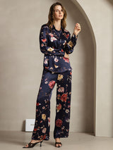 [Marine Blumen] SilkSilky-DE 19Momme Seide Umlegekragen Women''s Outfit Sets 004