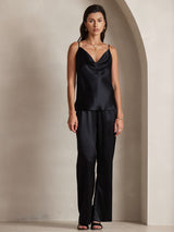 [Schwarz] SilkSilky-DE Spaghetti Strap Cowl Neck Cami Top 007
