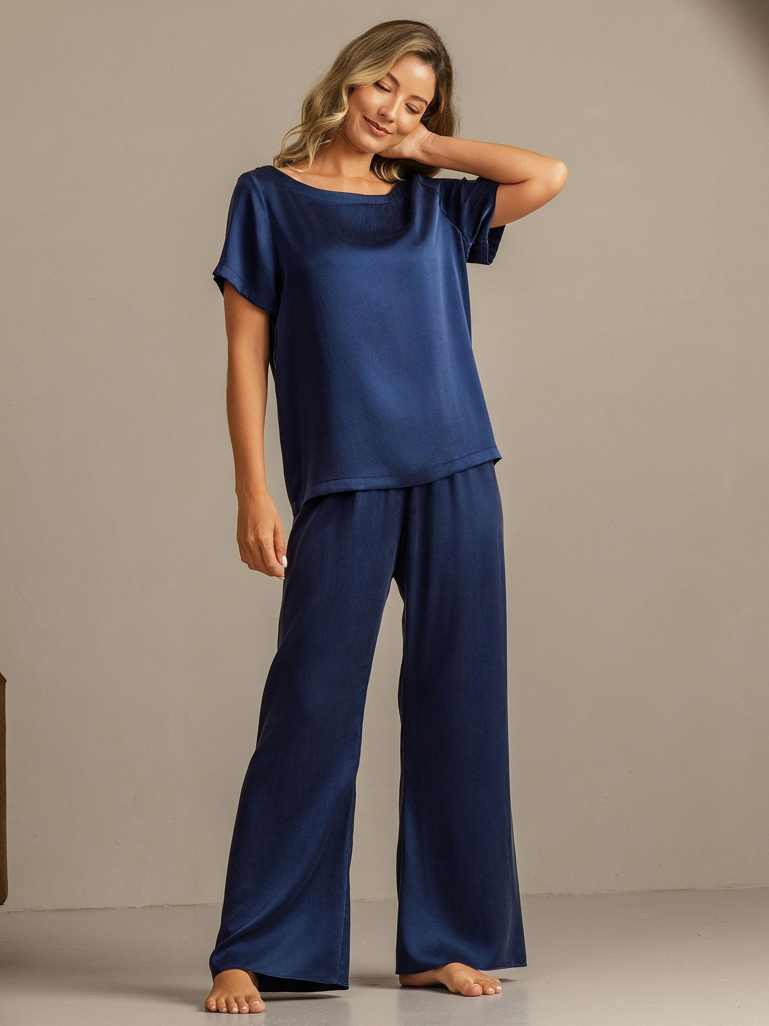 [Dunkelblau] SilkSilky-DE 19Momme Seide Womens Pajamas 006