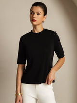 [Schwarz] SilkSilky-DE Half Sleeve Crew-Ausschnitt T-Shirt 006
