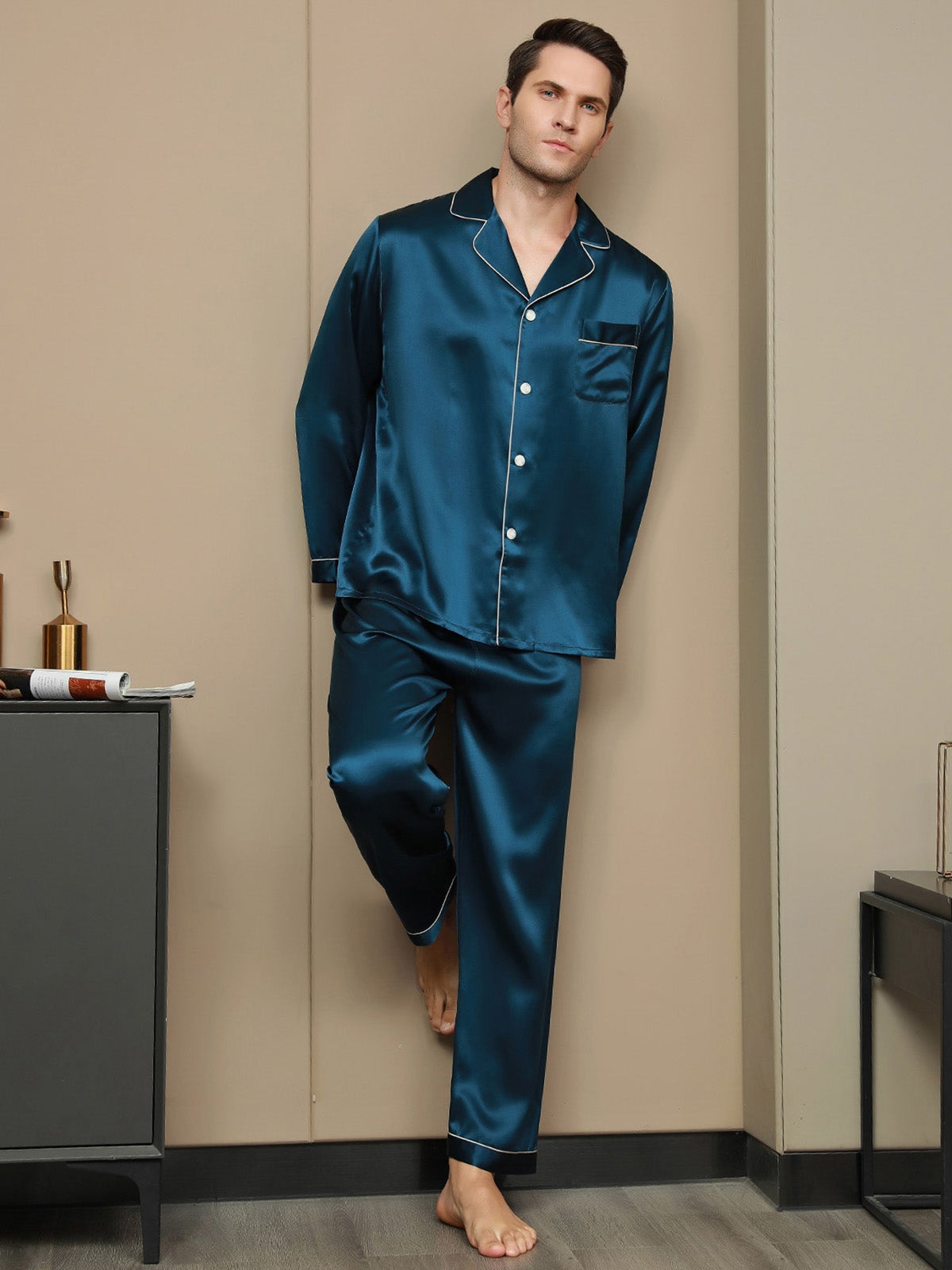 [König Blau] SilkSilky-DE 19Momme Reine Seide Mens Pajamas 004