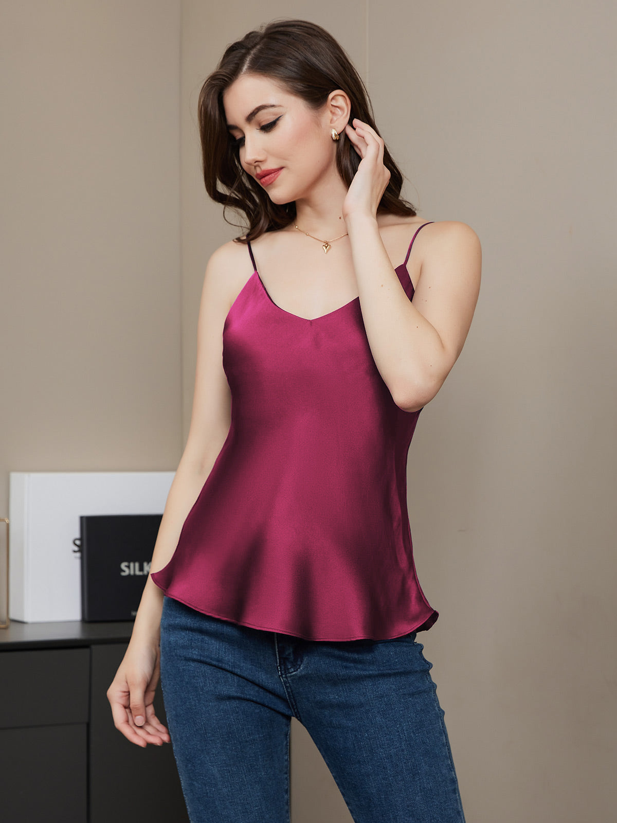 [Fuchsie] SilkSilky-DE Reine Seide V Ausschnitt Cami Top 001