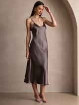 [Dunkelkhaki] SilkSilky-DE Sleeveless V Neck Kleider 007