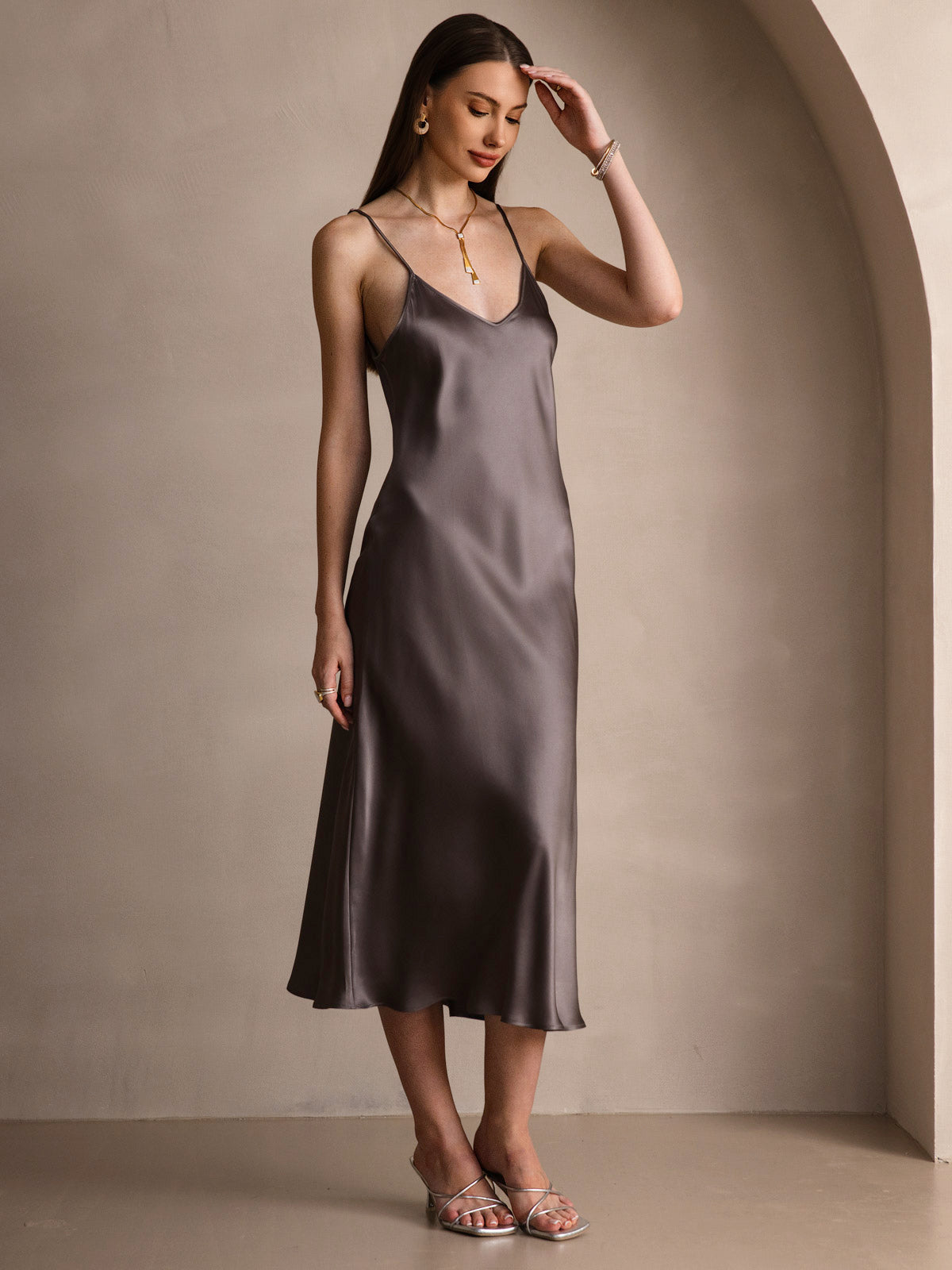 [Dunkelkhaki] SilkSilky-DE Ärmellos Kleider 007