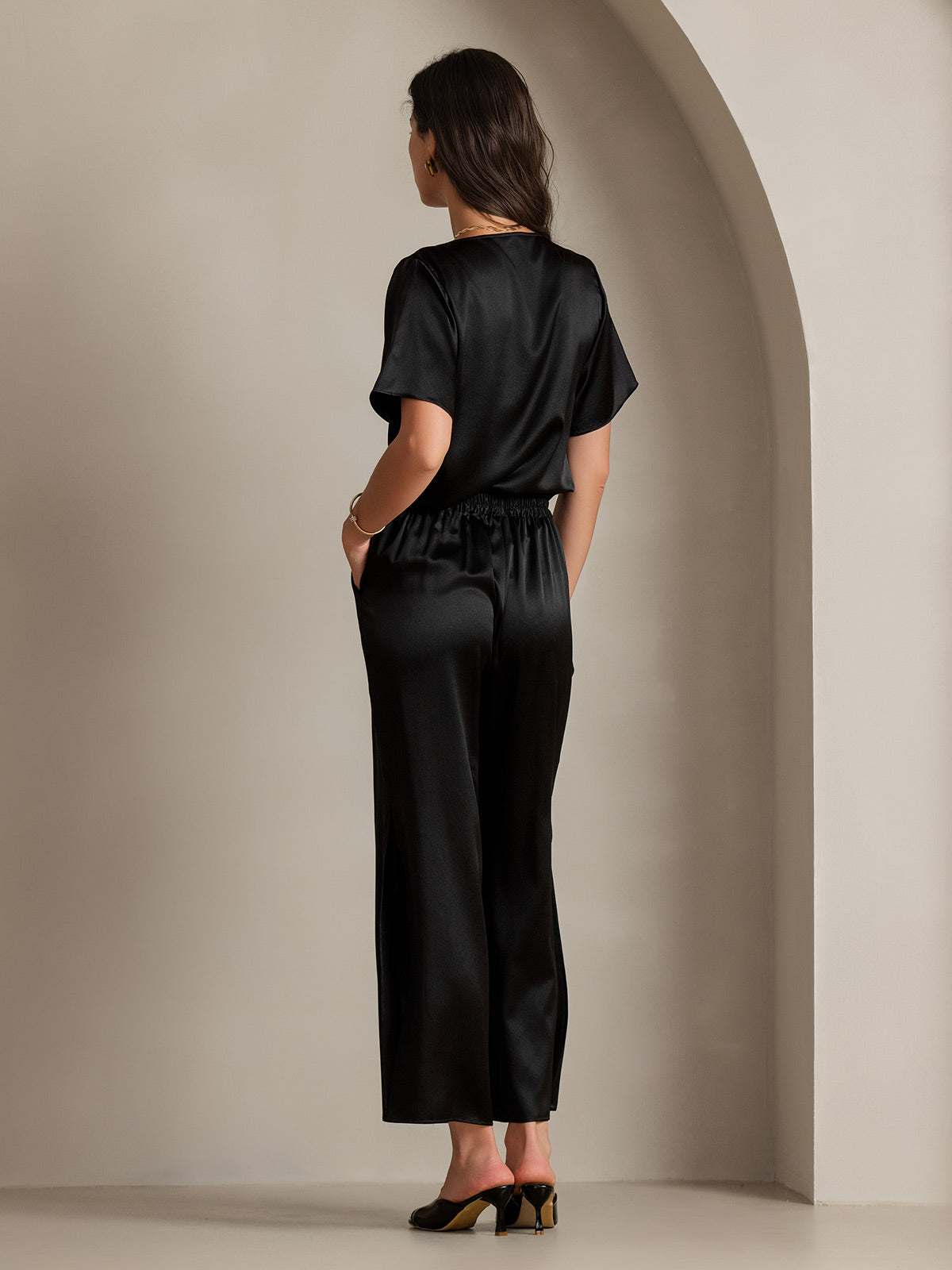 [Schwarz] SilkSilky-DE 19Momme Seide Womens T-Shirt 002
