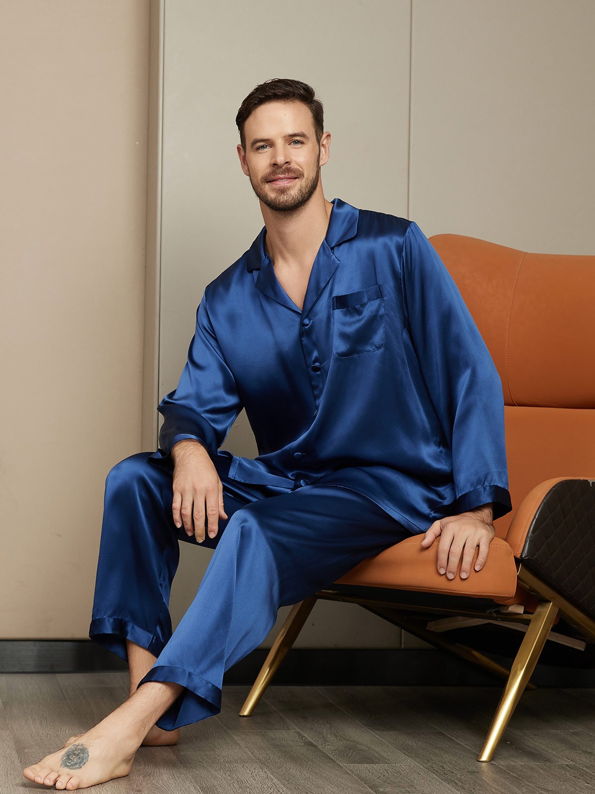 [Dunkelblau] SilkSilky-DE Reine Seide Mens Pajamas 003
