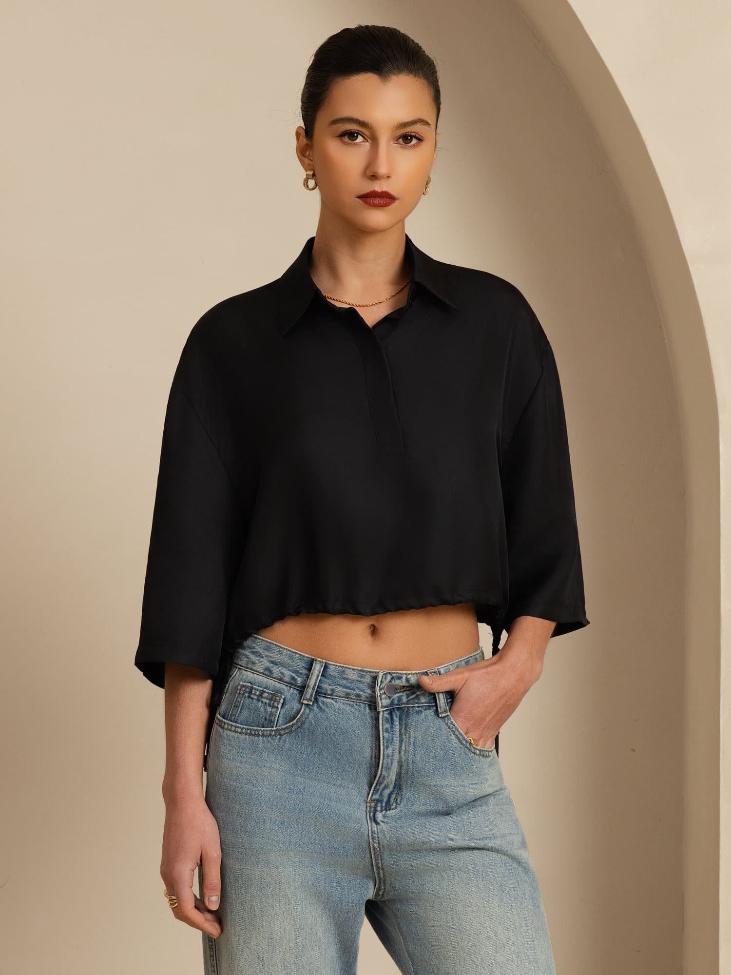 [Schwarz] SilkSilky-DE 18Momme Halblange Ärmel Lapelkragen Bluse 004