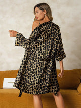 [Leopard] SilkSilky-DE Reine Seide V Ausschnitt Nachthemd&Morgenmantel Set 002,
