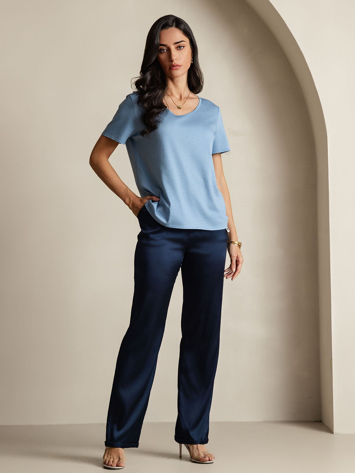 [Blau] SilkSilky-DE Seide Kurzärmelig V Ausschnitt T-Shirt 005