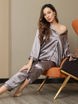 [Grau] SilkSilky-DE Langärmelig Notch-Kragen Damen Pyjamas 009