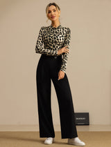 [Leopard] SilkSilky-DE Langärmelig Mock-Ausschnitt T-Shirt 008