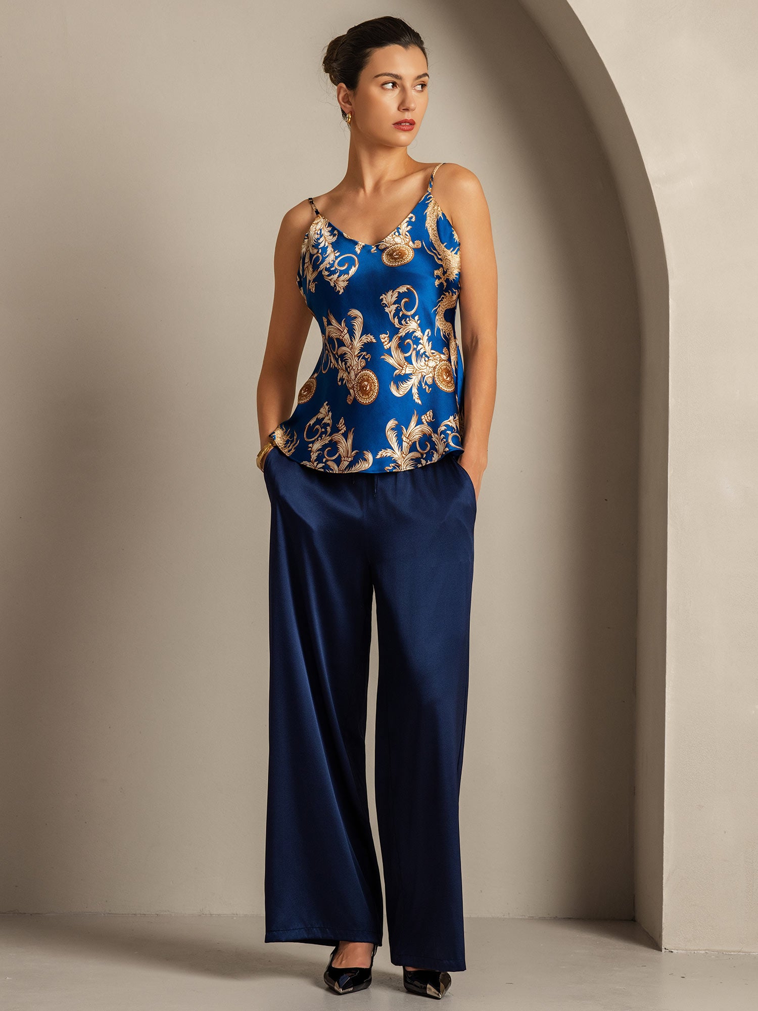 [Navy Drache] SilkSilky-DE Reine Seide V Ausschnitt Cami Top 008