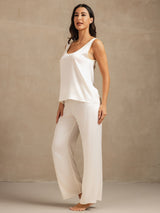 [Weiß] SilkSilky-DE 19Momme Ärmellos Tiefer Rundhalsausschnitt Damen Pyjamas 003