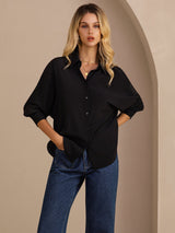 [Schwarz] SilkSilky-DE Long Sleeve Lapel Collar Damenhemd 001