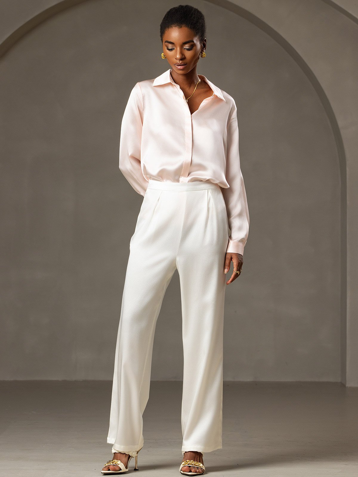 [Rosa] SilkSilky-DE 19Momme Seide Langärmelig Umlegekragen Damenhemd 006