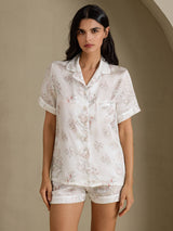 [Creme Blumen] SilkSilky-DE Short Sleeve Notch Collar Damen Pyjamas 001