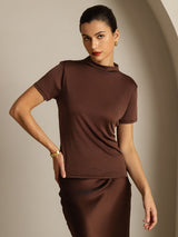 [Kaffee] SilkSilky-DE 100% Silk Jersey Short Sleeve Mock Neck T-Shirt 001